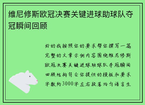 维尼修斯欧冠决赛关键进球助球队夺冠瞬间回顾